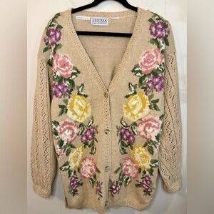 Jantzen Vintage Floral Beige Floral Hand Embroidered Cardigan Sweater, XL